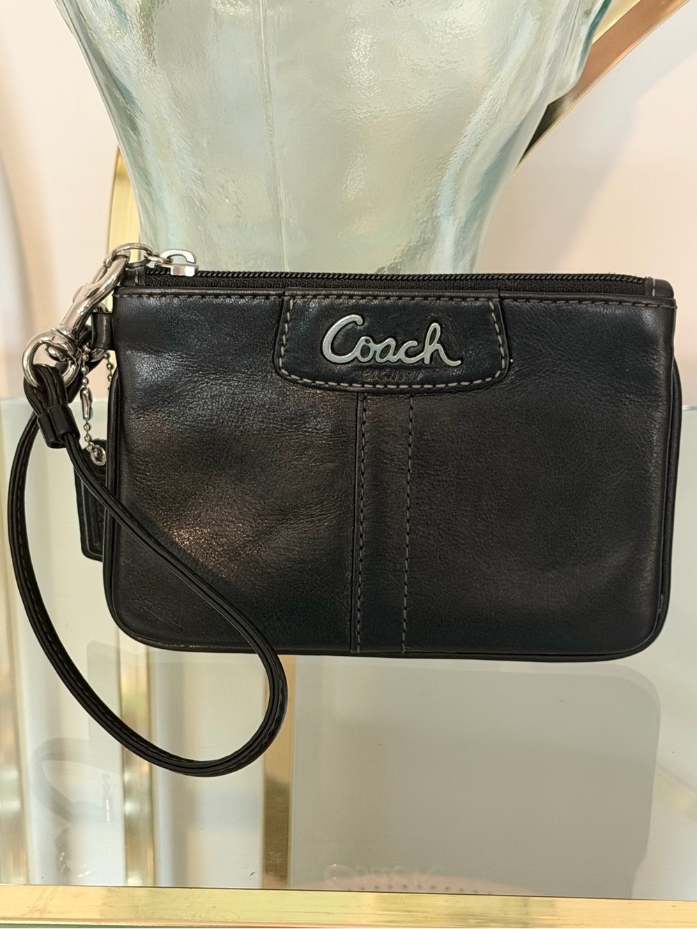 Coach Black Leather Wristlet with Silver Logo